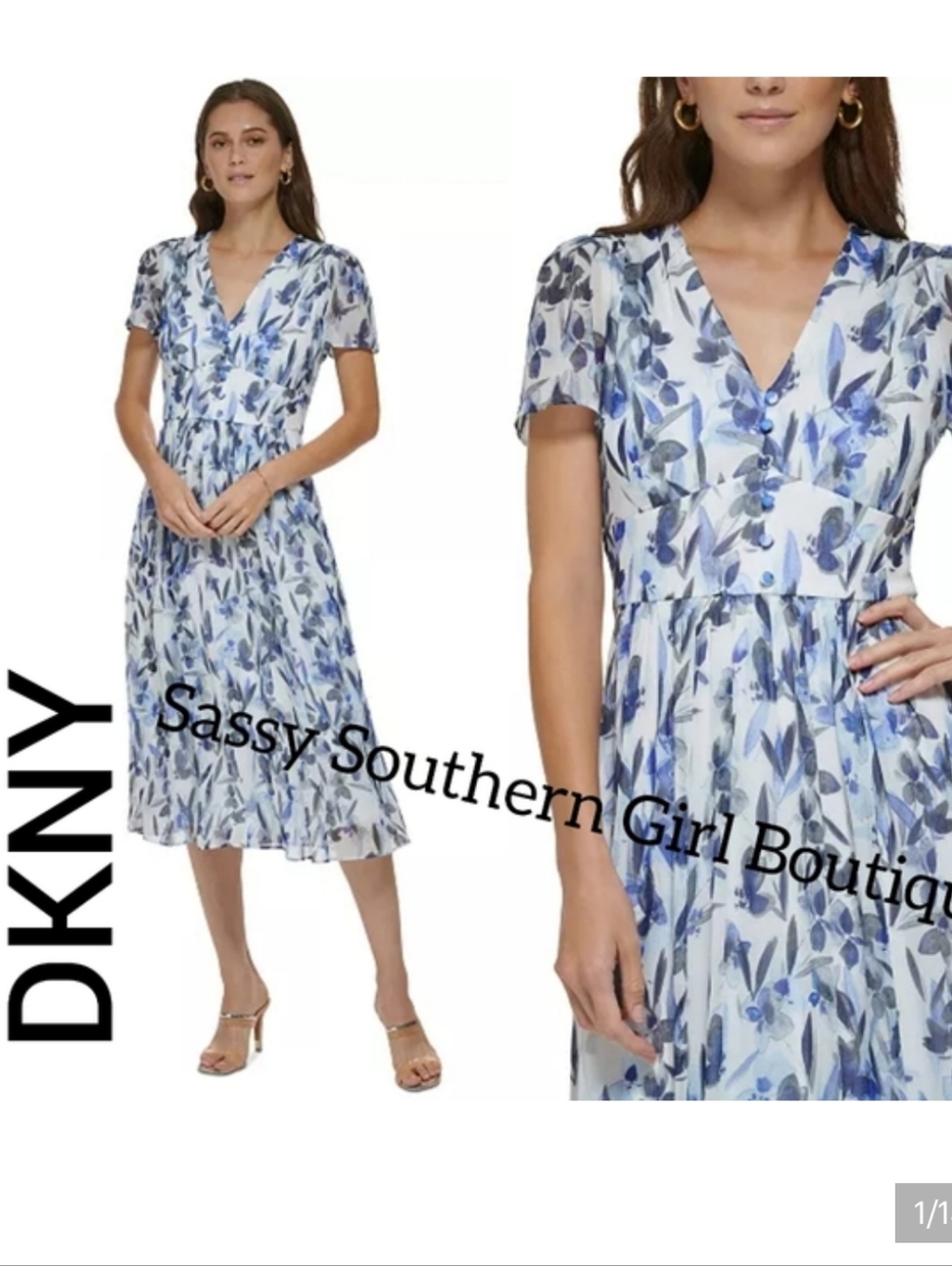 🆕⭐ DKNY Donna Karan White Blue Floral Midi Dress